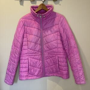 GUESS Pink Quilted Women’s Puffer Zip-Up Jacket Silver Heart Detail Size XL